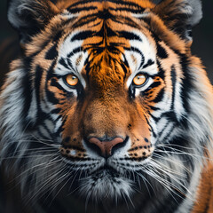 A captivating close-up portrait of a tiger's face, its intense gaze locked onto the camera lens.