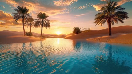 A beautiful sunset over a body of water with palm trees in the background