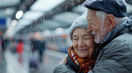 Obraz premium A heartfelt moment captured between an elderly couple embracing warmly at a train station while it rains, their emotions reflecting years of shared love and companionship.