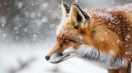 Fototapeta premium A fox stands attentively in the middle of a snow-covered area, with a focused side profile view. Snowflakes fall around, creating an ethereal and timeless atmosphere.