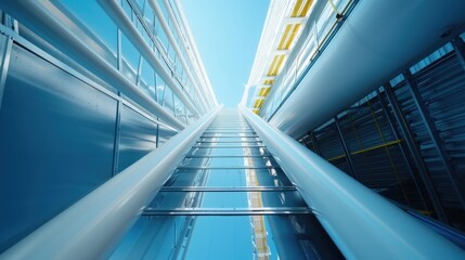 Obraz premium This image shows a modern architectural structure captured from a ground perspective, emphasizing its sleek lines, reflective surfaces, and contemporary style reaching up toward the sky.