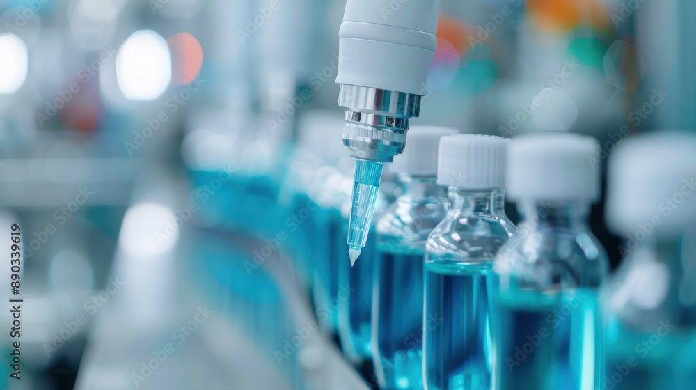 Poster a detailed view of laboratory bottles filled with blue liquid while being processed by a robotic arm