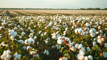 Vast cotton field in full bloom under a clear sky. Concept of agriculture, farming, crop growing, natural fiber