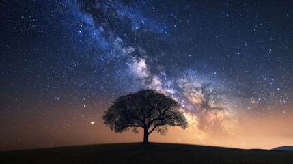 A tree is silhouetted against a backdrop of a starry sky
