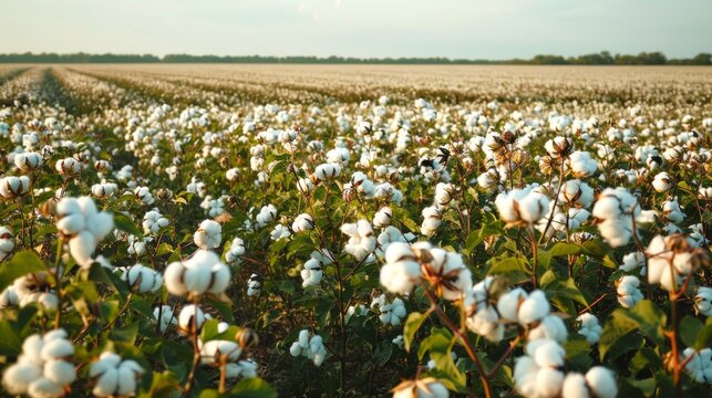 Vast cotton field in full bloom under a clear sky. Concept of agriculture, farming, crop growing, natural fiber