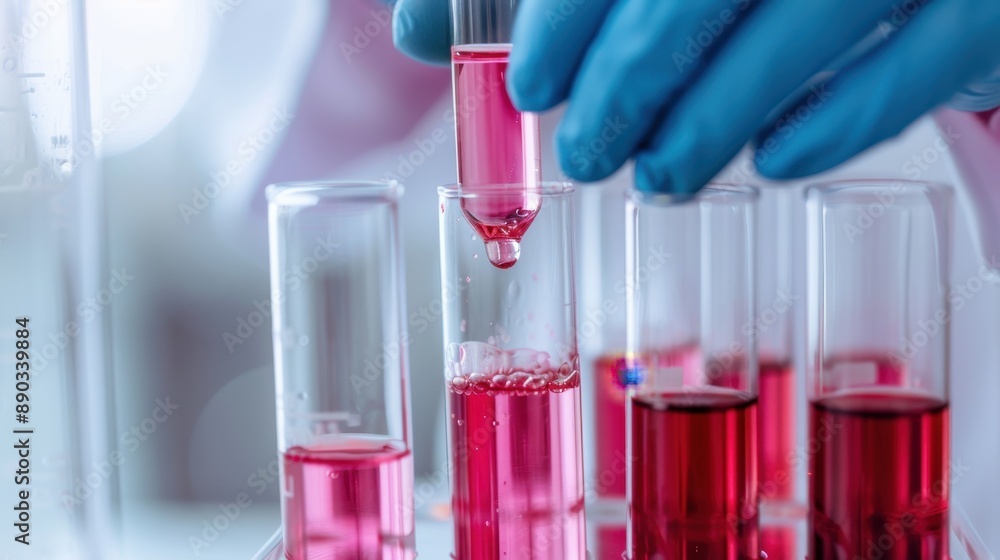 Poster a lab technician transfers red liquid samples into test tubes using a pipette in a well-equipped lab