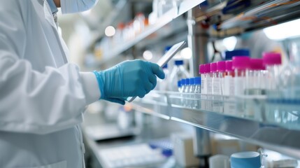 A scientist wearing protective gloves and a lab coat examines samples in test tubes, carefully analyzing them in a modern laboratory setting.