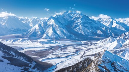 Fototapeta premium A snowy mountain range with a river running through it