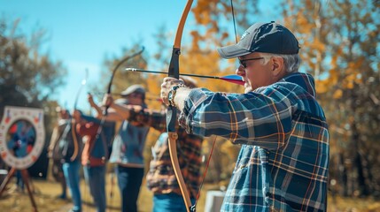Naklejka premium White man aiming longbow at archery range during outdoor archery competition. Concept of sport, target shooting, precision, outdoor activity