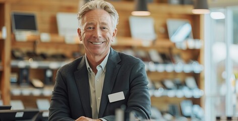 Smiling middle-aged male consultant in an electronics store. Concept of customer service, retail, technology sales, and professional assistance