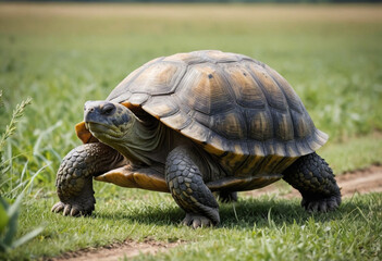  A majestic tortoise lumbering through a field. 
