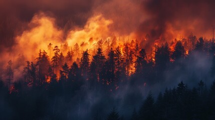 A forest fire is raging through a wooded area, with smoke