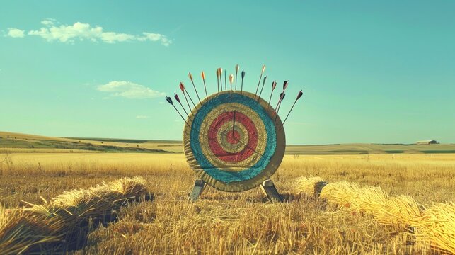 Archery target on a field with arrows hitting the bullseye. Concept of precise aim, sport, outdoor activity, accuracy in competition