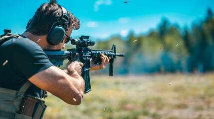 Caucasian man holding a rifle outdoors on a sunny day. Concept of firearms, shooting sport, gun safety, tactical training