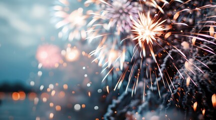 Colorful explosions of fireworks illuminate the twilight sky, with sparks and lights creating an awe-inspiring display, set against the horizon of a calm evening.