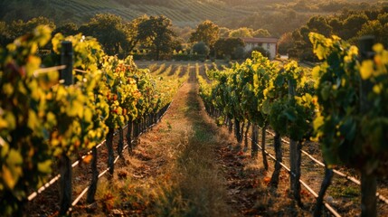 Fototapeta premium A row of grape vines with a house in the background