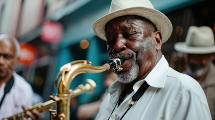 A man dressed in a white shirt and a hat is playing a saxophone on a street, accompanied by another musician in the background. They are creating lively street music.