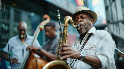 A group of musicians is performing on a busy street, with a man in a white shirt and hat prominently playing a saxophone and another musician playing a double bass nearby.