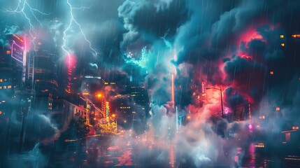 Fototapeta premium Urban megapolis city fantasy with smoke and lightning and blurred neon lights