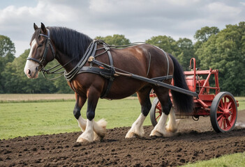 A majestic Shire horse pulling a plow. 