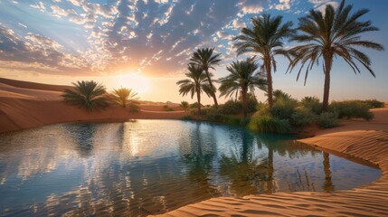 Obraz premium A beautiful sunset over a body of water with palm trees in the background