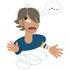 A laughing boy in a blue sweater, waving arms around and talk