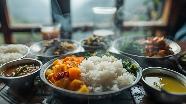 Traditional Sikkimese Meal with Blurred Table Setting in the Background