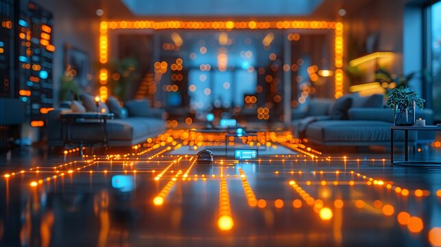 Innovative product launch event flyer showcasing an open area tech expo with smart home devices featuring a writing space in the center for event information and launch wishes