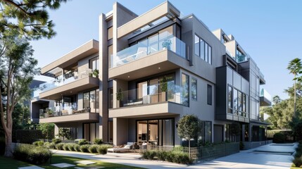Obraz premium A sleek, modern townhouse with a grey exterior, large glass balconies, and a rooftop terrace.