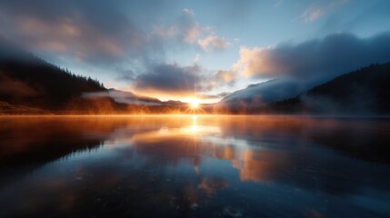 Fototapeta premium A breathtaking morning sun rises over a still lake with a misty horizon, creating a warm reflective surface and highlighting the silence and beauty of the natural surroundings.
