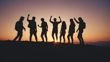 Fototapeta premium photo a silhouette of group people have fun at the top of the mountain near the tent during the sunset.