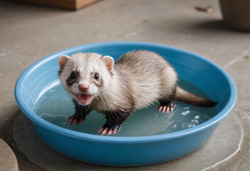  A playful ferret bathing in a shallow water dish. 