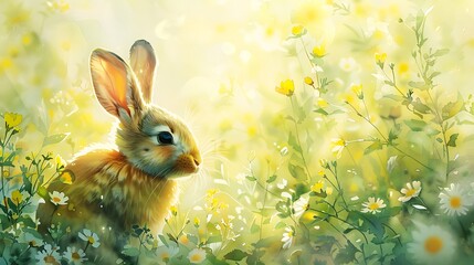 Fototapeta premium A double exposure watercolor painting featuring a curious rabbit, the spring garden merging into its fur, delicate shades of green and yellow, with sunlight filtering through the flowers,