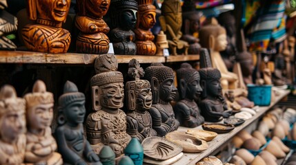 Handcrafted Wooden Statues in Traditional Market Display