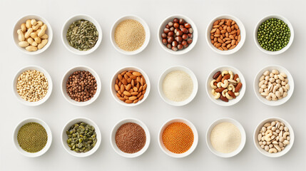 Assorted spices, seeds, and grains in white bowls on a light background. Perfect for culinary and cooking purposes.