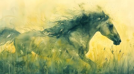 A double exposure watercolor painting featuring a galloping horse, the prairie landscape merging into its mane, delicate shades of green and yellow, with sunlight filtering through the grasses,