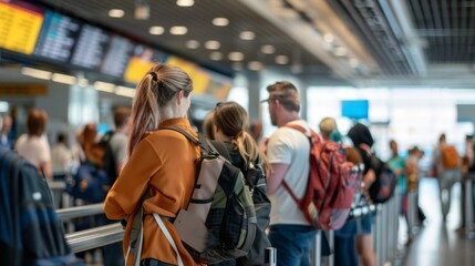 Fototapeta premium A group of people are waiting in line at an airport