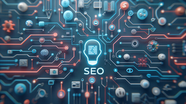 Futuristic digital circuit board design emphasizing SEO technology with interconnected nodes and data flow, representing online optimization.