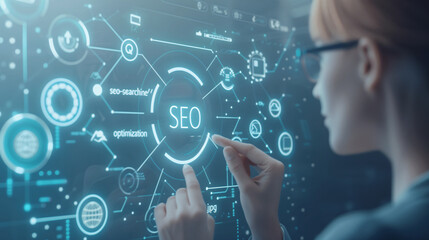 Obraz premium Person analyzing SEO. Digital marketing, keyword research, and online optimization concepts on futuristic screen.