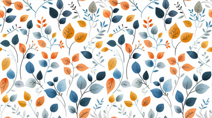 Seamless floral pattern with vibrant orange and blue leaves on white background, perfect for textile design and wallpapers.