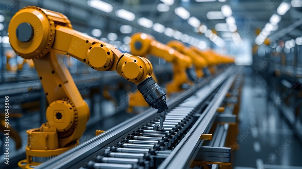 Poster robotic arms assembling products on modern factory floor high tech industrial automation concept