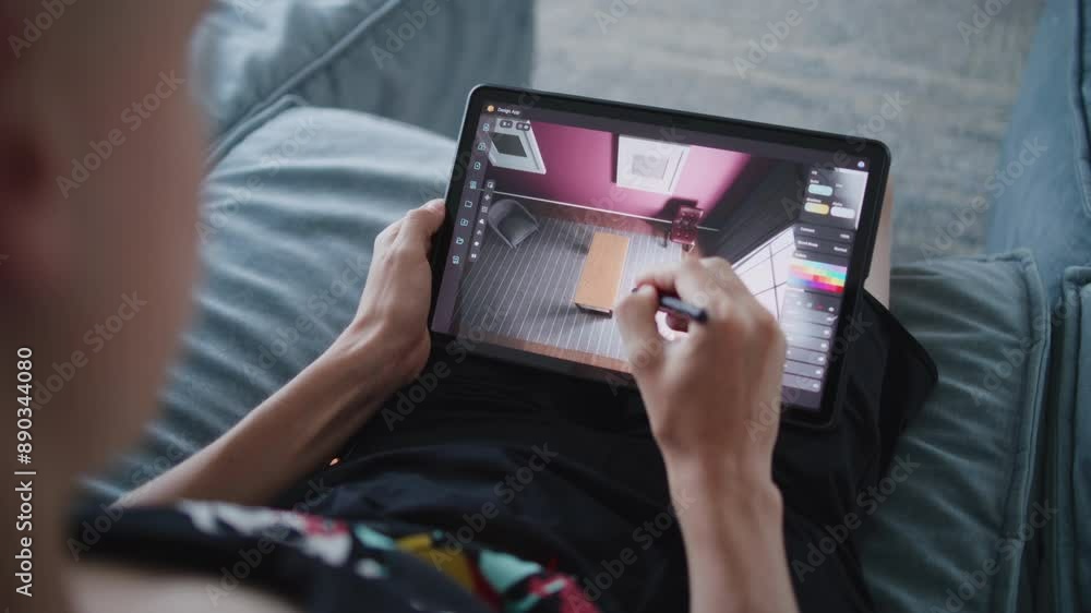Poster talented teenager with digital stylus and tablet in hands sits at home, creates 3d model of room. cr