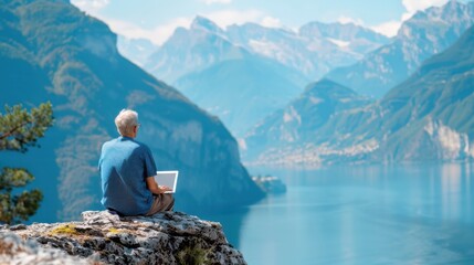 Fototapeta premium Man working on a laptop in a scenic outdoor setting, digital nomad, work from anywhere