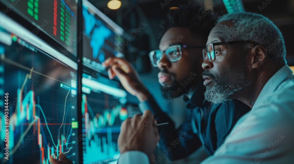 Poster Two men are looking at a computer screen with financial data