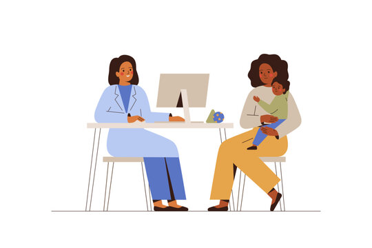 Pediatric diagnostic and consultation for mother with child. Woman with small son visit doctor for medical exam. African American Baby with his parent at appointment in hospital.  Vector illustration
