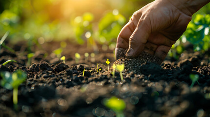Fototapeta premium Close-up of an experienced farmer's hand planting seeds in fertile soil at sunset. A man agronomist checks the quality of the soil in an agricultural field. Gardening concept. Agriculture.