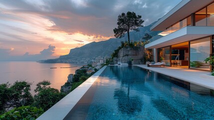 Fototapeta premium Luxury cliffside house with infinity pool - generative ai