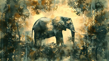 A double exposure watercolor painting featuring a mighty elephant, the jungle scene merging into its body, delicate shades of green and brown, with sunlight filtering through dense foliage,