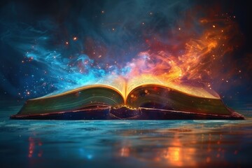 Magic Book with Glowing Flames and Mist