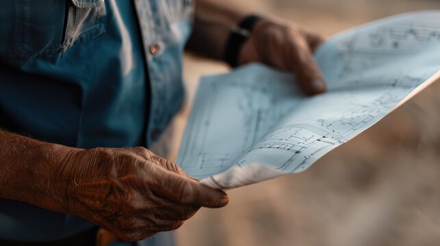 A close-up of a civil engineer's hands holding a construction blueprint, with a focus on the weathered hands and the blueprint details, in a slightly blurred background.
